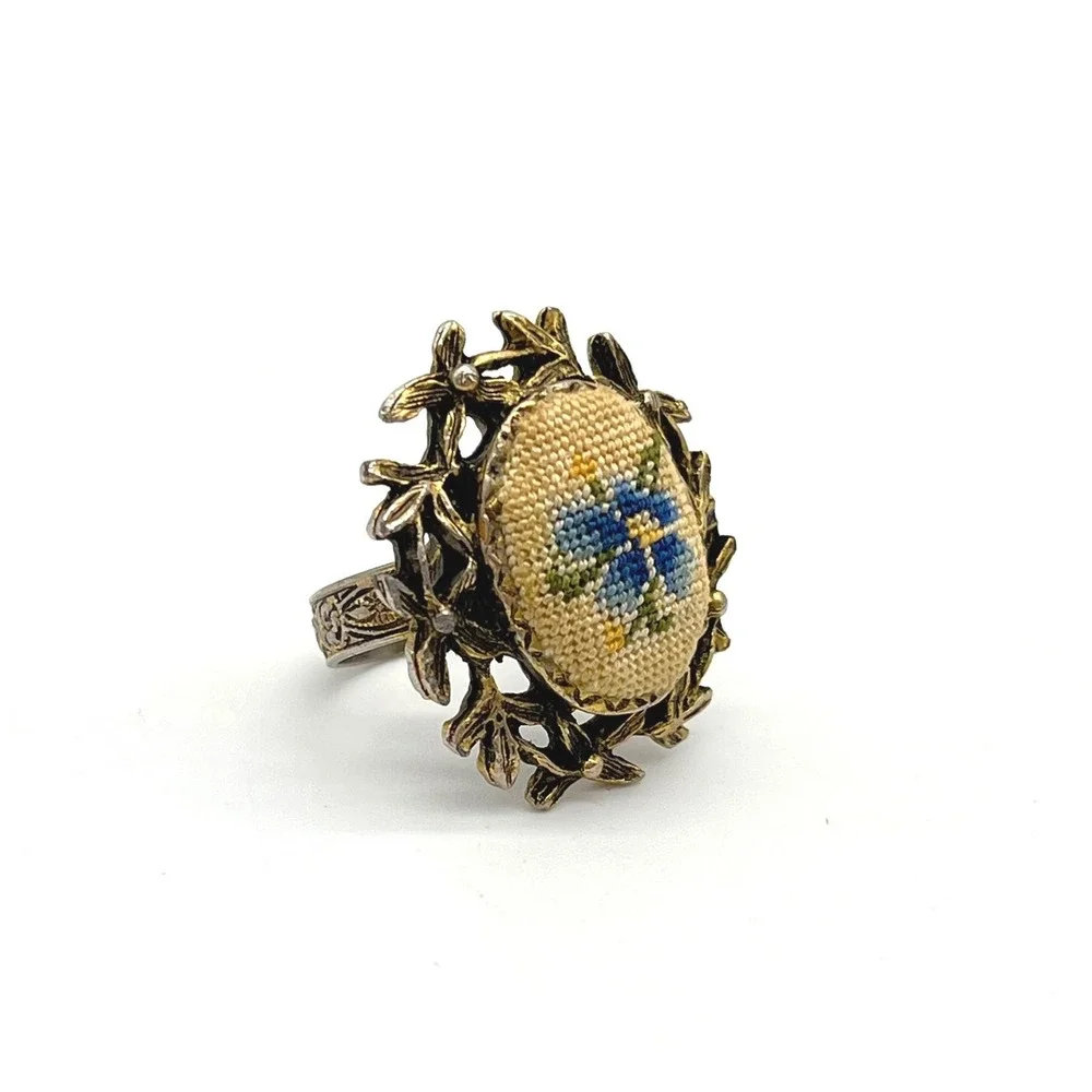 Vintage Petit Point Embroidery Floral Ring Mixed‎ Metal Ornate Adjustable Band